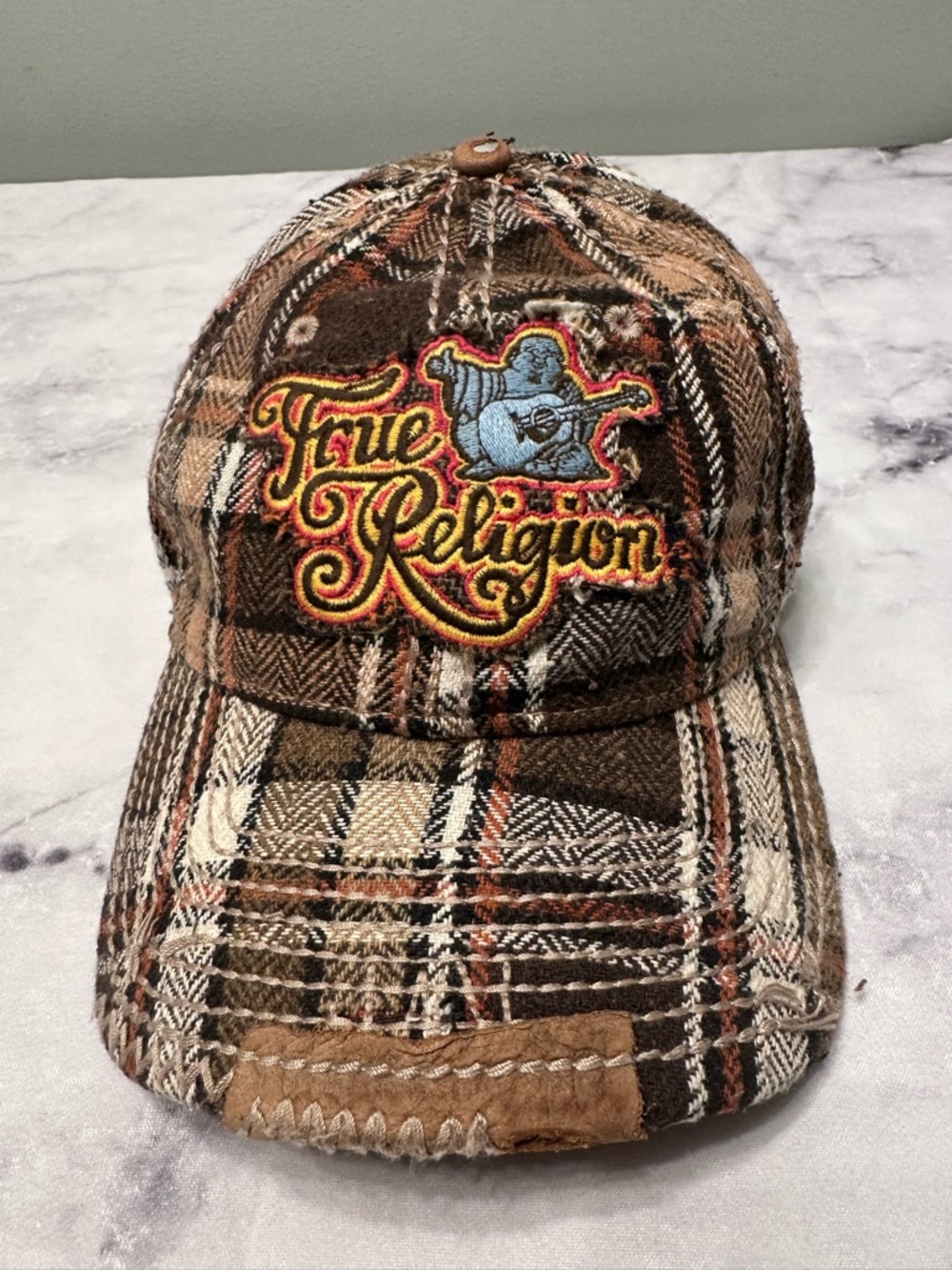 True Religion Brown Tan Plaid Baseball Cap with Embroidered Logo